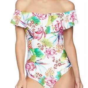 La Blanca Bora Bora Tropical Floral Off-The-Shoulder Ruffle One Piece Swimsuit 4
